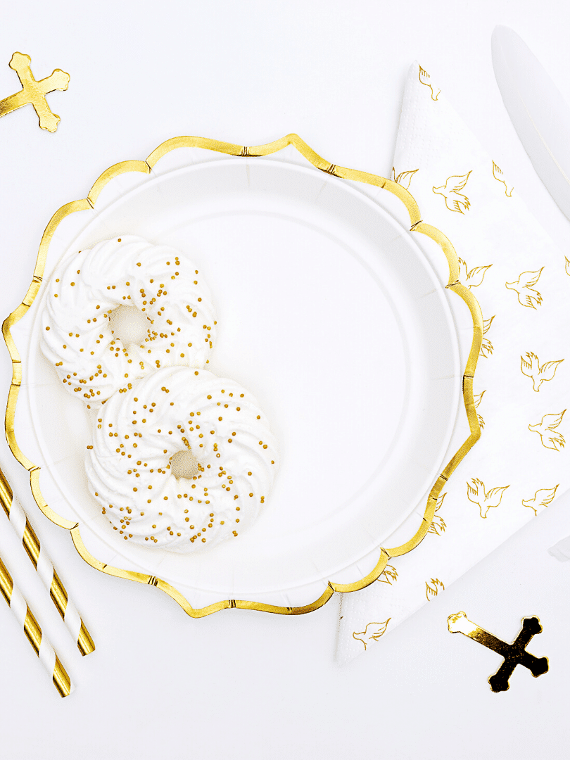 Assiettes Baptême doré x6 - Vaisselle de table de fête en carton jetable