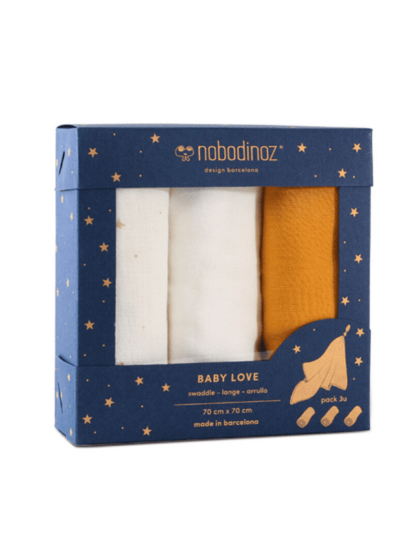 lot de 3 langes baby love yellow nobodinoz coton bio idée cadeau naissance enfant bébé