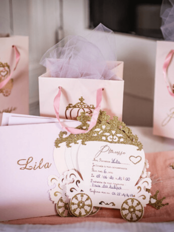 Invitations Princesse rose et paillettes or