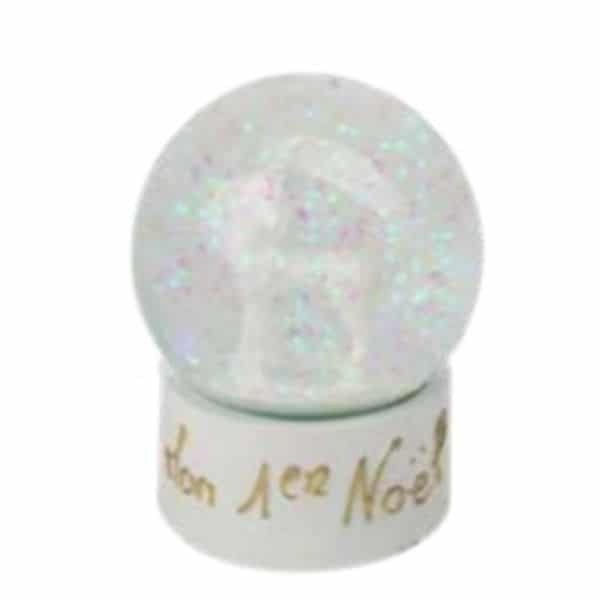 BOULE NEIGE MON 1ER NOEL RENNE BLANC DECORATION DE NOEL