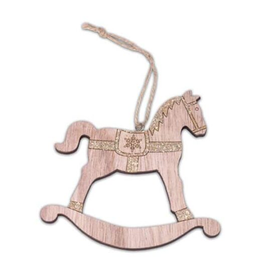 cheval a bascule bois paillettes cuivre décoration table et sapin de noël