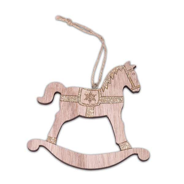 cheval a bascule bois paillettes cuivre décoration table et sapin de noël