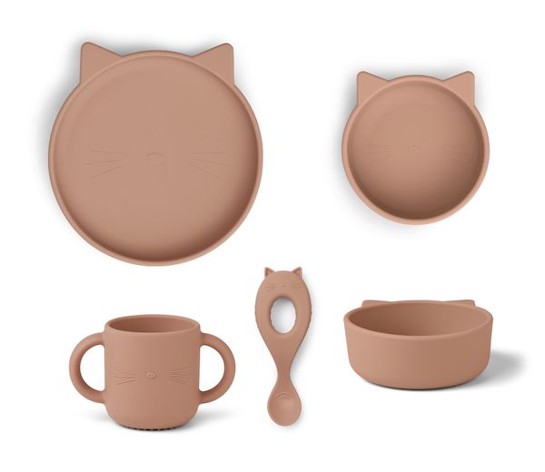 set de vaisselle en silicone repas vivi chat dark rose liewood