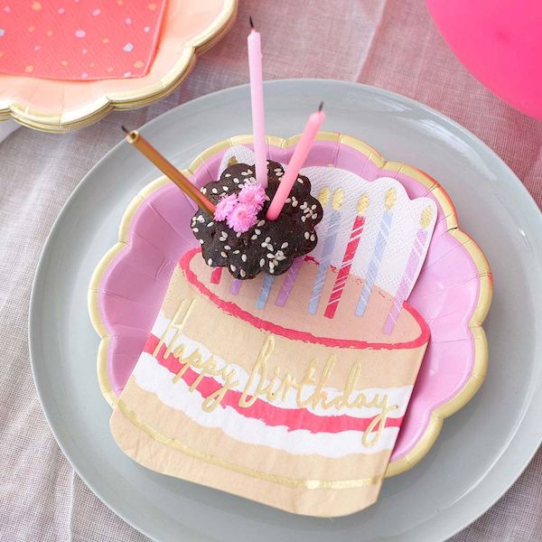 Serviettes gâteau d'anniversaire happy birthday or bougies décoration de fête