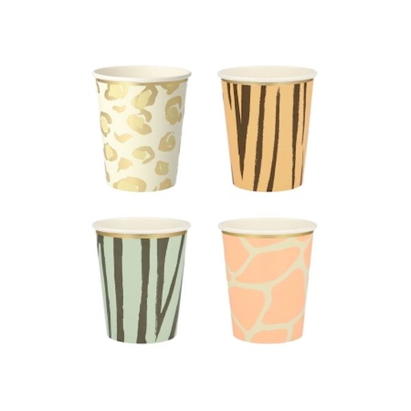 Gobelets animaux de la savane avec dorure x8 anniversaire leopard safari jungle tendance meri meri