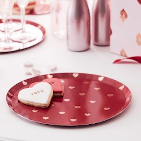 Assiette rouge métallique Coeurs rose gold x 8 - Ginger Ray