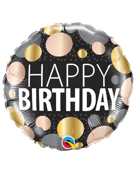 Ballon noir à pois dorés "Happy Birthday" 46 cm - Qualatex