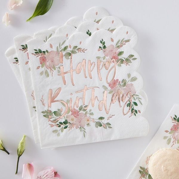 Serviettes Fleuries rose gold " Happy Birthday" - Ginger Ray