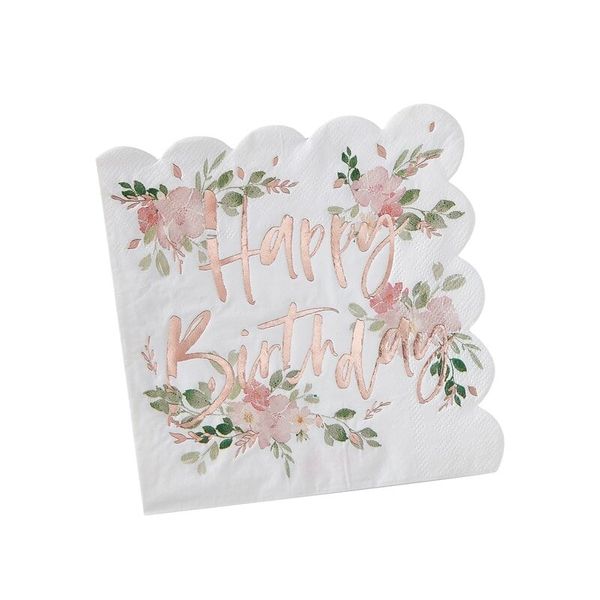 Serviettes Fleuries rose gold " Happy Birthday" - Ginger Ray