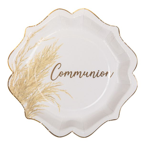 Assiettes Communion Pampa blanc et doré x8