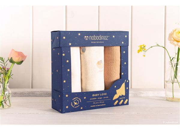 Lot de 3 langes Baby Love Blossom Nobodinoz cadeau de naissance enfant tendance