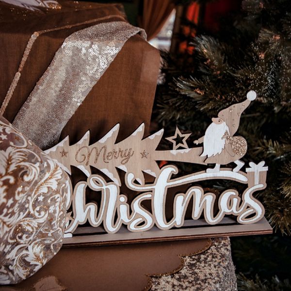 Déco Merry Christmas bois blanc et paillettes or - 30x18cm - Artyfêtes