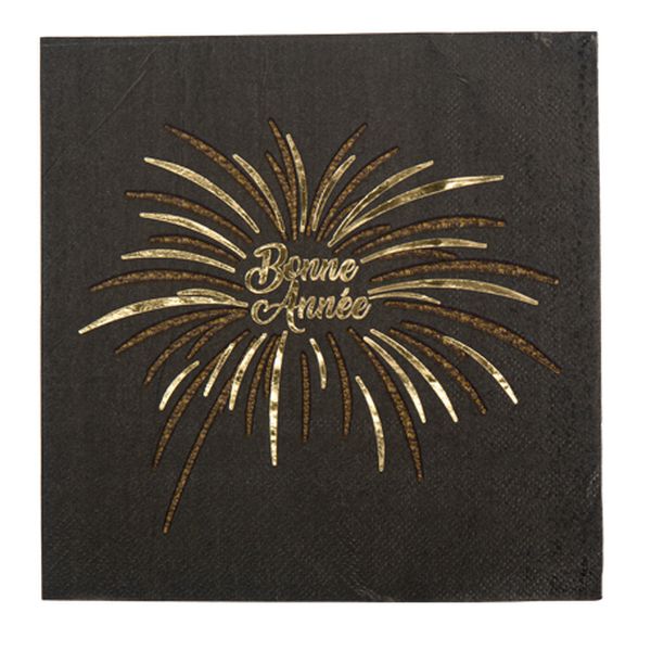 Serviettes "Bonne Année" feu d'artifice noir et or x16 -33cm - Artyfêtes décoration de table noël