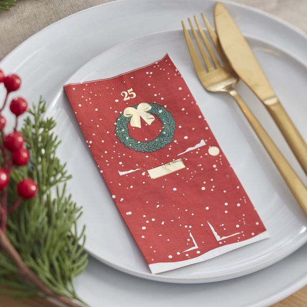 Serviettes Couronne de Noël rouge et doré Ginger Ray décoration de table noël