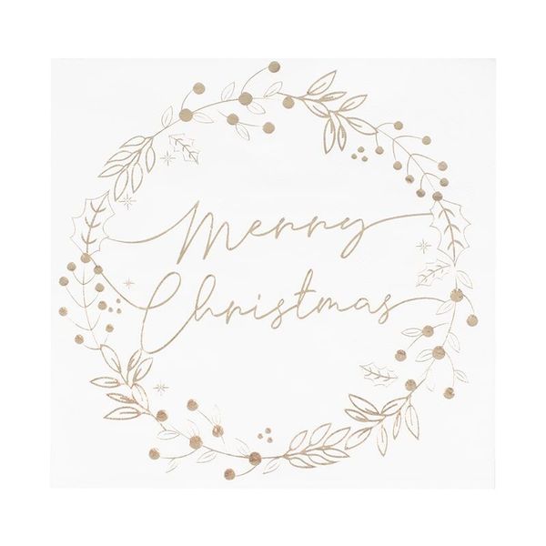 Serviettes "Merry Christmas" Couronne blanc et or Ginger Ray décoration de table fête de noël