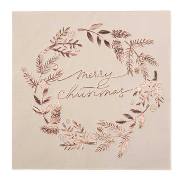 Serviettes "Merry Christmas" Rose gold x16 - 33cm - Artyfêtes décoration de table noël