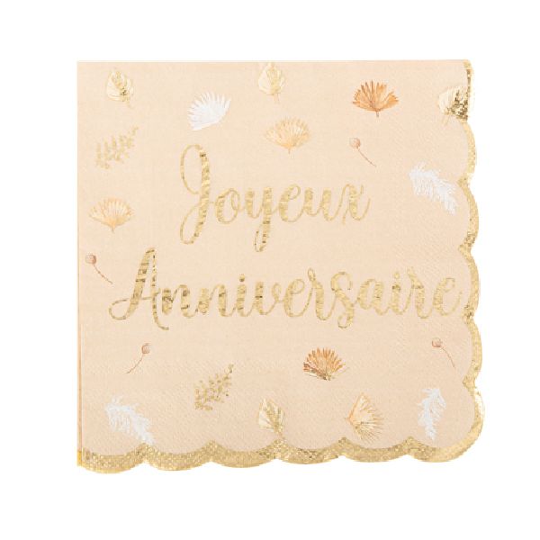 Serviettes Boho "joyeux anniversaire" blush et or