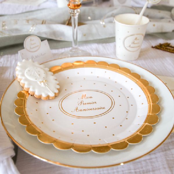 Assiettes Joyeux Anniversaire blanc/argent x6