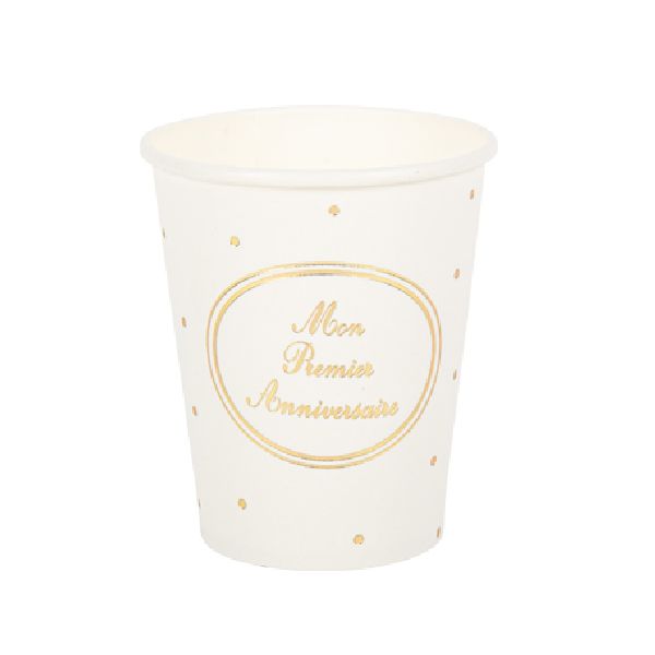 Gobelet Mon premier anniversaire blanc et or