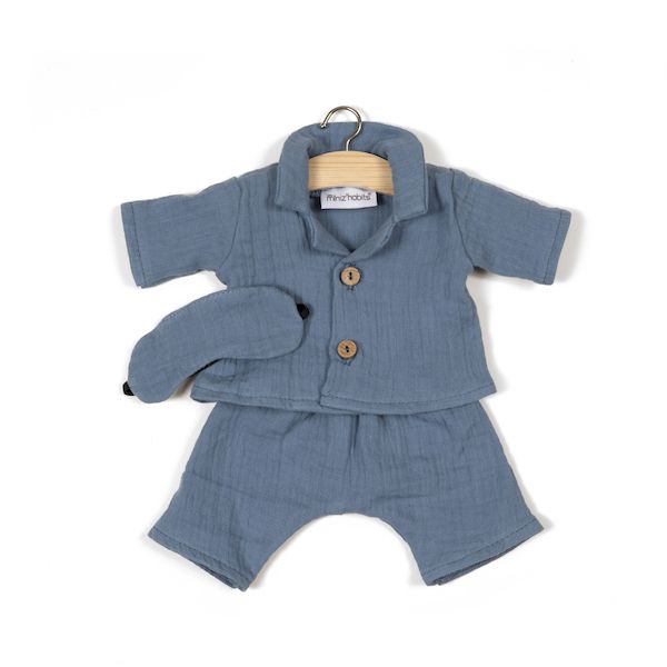 Minikane x Crealoca - Pyjama albert en double gaze Bleu denim et son masque Dodo tenue poupon poupée minikane