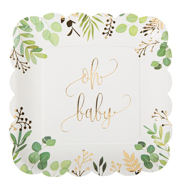 Assiettes "Oh Baby" blanc vert et or x8 - 23 cm - Artyfêtes