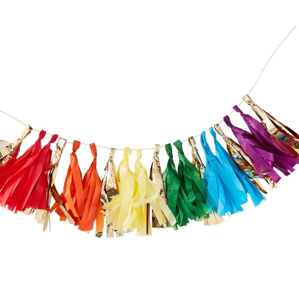 Guirlande de pompons rainbow et dorés