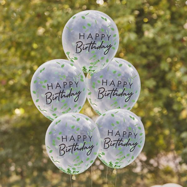 Ballons "Happy Birthday" confettis feuilles vertes x5 - Ginger Ray