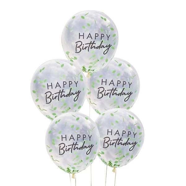 Ballons "Happy Birthday" confettis feuilles vertes x5 - Ginger Ray