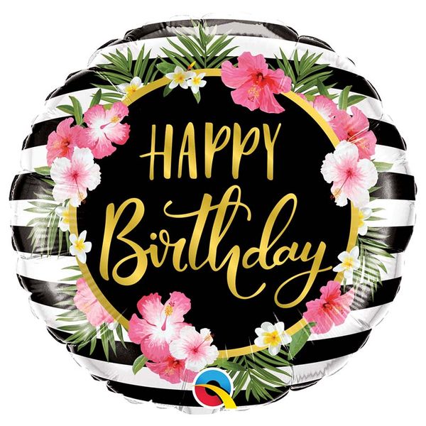 Ballon Hibiscus Stripes "Happy Birthday" 45 cm - Qualatex